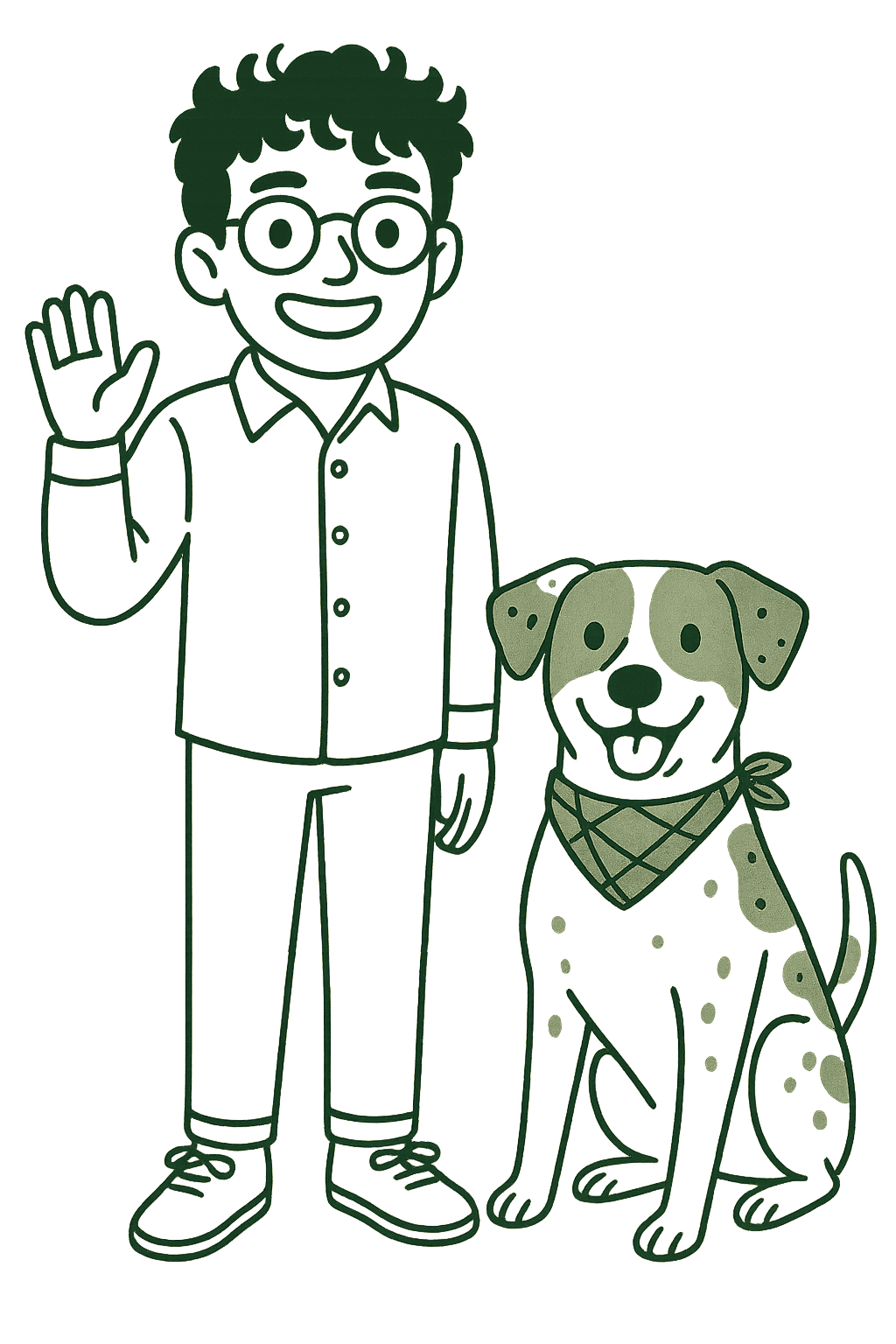 Cartoon person with their dog, waving